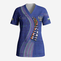 Custom Uzbekistan Football Scrub Top Modern Glitch Art Style Huma Bird