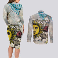 Argentina Couples Matching Long Sleeve Bodycon Dress and Long Sleeve Button Shirt Sol De Mayo Retro Style - Wonder Print Shop