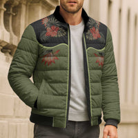 Western Yoke Bomber Puffer Jacket Tropical Hibiscus Cowboy Style - Wonder Print Shop