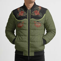 Western Yoke Bomber Puffer Jacket Tropical Hibiscus Cowboy Style - Wonder Print Shop
