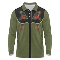 Western Yoke Long Sleeve Polo Shirt Tropical Hibiscus Cowboy Style - Wonder Print Shop