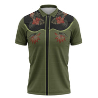 Western Yoke Zipper Polo Shirt Tropical Hibiscus Cowboy Style - Wonder Print Shop