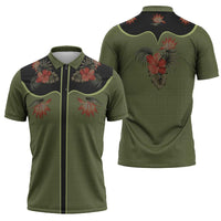Western Yoke Zipper Polo Shirt Tropical Hibiscus Cowboy Style - Wonder Print Shop