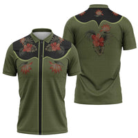 Western Yoke Zipper Polo Shirt Tropical Hibiscus Cowboy Style - Wonder Print Shop
