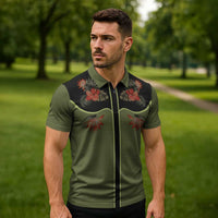 Western Yoke Zipper Polo Shirt Tropical Hibiscus Cowboy Style - Wonder Print Shop