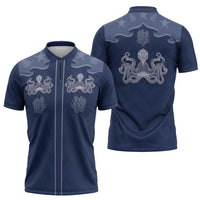 Western Yoke Zipper Polo Shirt Octopus And Coral Cowboy Style - Wonder Print Shop