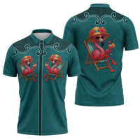 Western Yoke Zipper Polo Shirt Flamingo Relax Cowboy Style - Wonder Print Shop