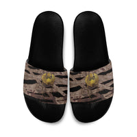 African Halloween Egypt Mummy Wrap Slide Sandals Golden Winged Scarab Badge