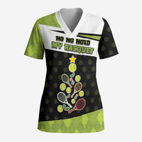 Personalized Tennis Christmas Scrub Top Ho Ho Hold My Racquet - Wonder Print Shop
