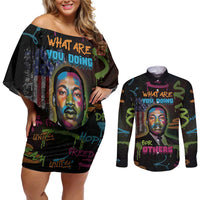 Martin Luther King Jr Day Couples Matching Off Shoulder Short Dress and Long Sleeve Button Shirt What Are You Doing For Others - Wonder Print Shop