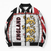Custom England Football Bomber Puffer Jacket Gold Lions And Minimalist Floral