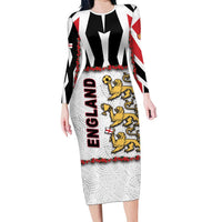 Custom England Football Long Sleeve Bodycon Dress Gold Lions And Minimalist Floral