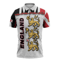 Custom England Football Zipper Polo Shirt Gold Lions And Minimalist Floral
