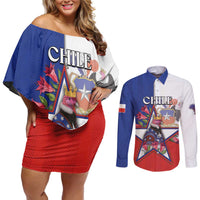 Personalized Chile Couples Matching Off Shoulder Short Dress and Long Sleeve Button Shirt Andean Condor With Chilean Bellflower - Wonder Print Shop