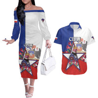 Personalized Chile Couples Matching Off The Shoulder Long Sleeve Dress and Hawaiian Shirt Andean Condor With Chilean Bellflower - Wonder Print Shop