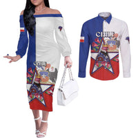 Personalized Chile Couples Matching Off The Shoulder Long Sleeve Dress and Long Sleeve Button Shirt Andean Condor With Chilean Bellflower - Wonder Print Shop