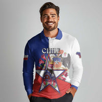 Personalized Chile Long Sleeve Polo Shirt Andean Condor With Chilean Bellflower - Wonder Print Shop