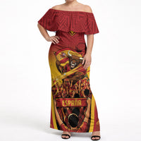 Custom Spain Football Off Shoulder Maxi Dress Raging Bull Golden Trophy Fans Banner
