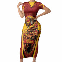 Custom Spain Football Short Sleeve Bodycon Dress Raging Bull Golden Trophy Fans Banner