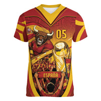 Custom Spain Football Women V-Neck T-Shirt Raging Bull Golden Trophy Fans Banner