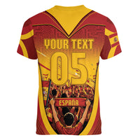 Custom Spain Football Women V-Neck T-Shirt Raging Bull Golden Trophy Fans Banner