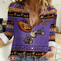 Halloween Animal Funny Women Casual Shirt Short Spine Do Crime Spooky Pumpkin Chase