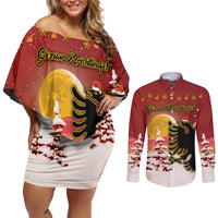 Personalized Albania Christmas Couples Matching Off Shoulder Short Dress and Long Sleeve Button Shirt Gezuar Krishtlindjet - Wonder Print Shop