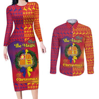Andorra Christmas Couples Matching Long Sleeve Bodycon Dress and Long Sleeve Button Shirt Coat Of Arms With Wreath Xmas - Wonder Print Shop