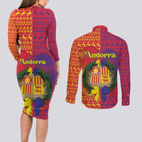 Andorra Christmas Couples Matching Long Sleeve Bodycon Dress and Long Sleeve Button Shirt Coat Of Arms With Wreath Xmas - Wonder Print Shop