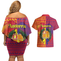 Andorra Christmas Couples Matching Off Shoulder Short Dress and Hawaiian Shirt Coat Of Arms With Wreath Xmas - Wonder Print Shop