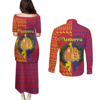 Andorra Christmas Couples Matching Puletasi and Long Sleeve Button Shirt Coat Of Arms With Wreath Xmas - Wonder Print Shop