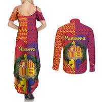 Andorra Christmas Couples Matching Summer Maxi Dress and Long Sleeve Button Shirt Coat Of Arms With Wreath Xmas - Wonder Print Shop