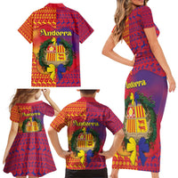 Andorra Christmas Family Matching Short Sleeve Bodycon Dress and Hawaiian Shirt Coat Of Arms With Wreath Xmas - Wonder Print Shop