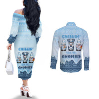 Chillin With My Gnomies Couples Matching Off The Shoulder Long Sleeve Dress and Long Sleeve Button Shirt Merry Christmas - Wonder Print Shop