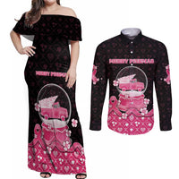 Breast Cancer Christmas Couples Matching Off Shoulder Maxi Dress and Long Sleeve Button Shirt Merry Pinkmas - Wonder Print Shop