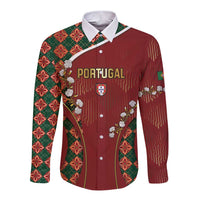 Custom Portugal Football Long Sleeve Button Shirt Floral Gold Carnation Crest Pattern Gold Accents