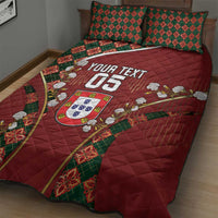 Custom Portugal Football Quilt Bed Set Floral Gold Carnation Crest Pattern Gold Accents