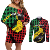 Personalized Juneteenth 1865 Couples Matching Off Shoulder Short Dress and Long Sleeve Button Shirt Break Every Chain