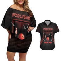Personalized Bowling Couples Matching Off Shoulder Short Dress and Hawaiian Shirt Ten Pin Neon Style - Wonder Print Shop
