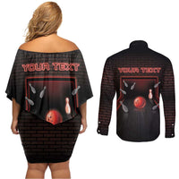 Personalized Bowling Couples Matching Off Shoulder Short Dress and Long Sleeve Button Shirt Ten Pin Neon Style - Wonder Print Shop