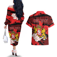 Personalized Georgia Couples Matching Off The Shoulder Long Sleeve Dress and Hawaiian Shirt Patron Saint Symbol - Wonder Print Shop