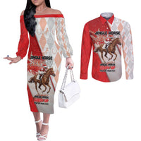 Horse Racing Christmas Couples Matching Off The Shoulder Long Sleeve Dress and Long Sleeve Button Shirt Giddy Up Pick Up Your Feet - Wonder Print Shop