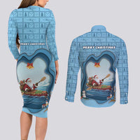 Santa Claus Is Kayaking To Town Couples Matching Long Sleeve Bodycon Dress and Long Sleeve Button Shirt Merry Christmas - Wonder Print Shop