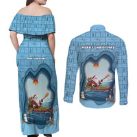 Santa Claus Is Kayaking To Town Couples Matching Off Shoulder Maxi Dress and Long Sleeve Button Shirt Merry Christmas - Wonder Print Shop