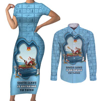 Santa Claus Is Kayaking To Town Couples Matching Short Sleeve Bodycon Dress and Long Sleeve Button Shirt Merry Christmas - Wonder Print Shop