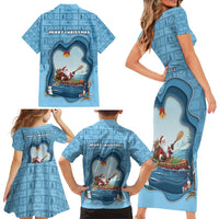Santa Claus Is Kayaking To Town Family Matching Short Sleeve Bodycon Dress and Hawaiian Shirt Merry Christmas - Wonder Print Shop