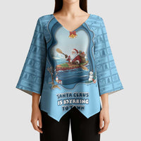 Santa Claus Is Kayaking To Town Kimono Sleeve Blouse Merry Christmas - Wonder Print Shop