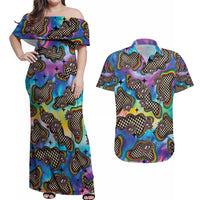Hippie Couples Matching Off Shoulder Maxi Dress and Hawaiian Shirt Psychedelic Third Eye Art - Wonder Print Shop