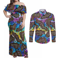 Hippie Couples Matching Off Shoulder Maxi Dress and Long Sleeve Button Shirt Psychedelic Third Eye Art - Wonder Print Shop