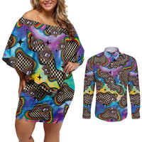 Hippie Couples Matching Off Shoulder Short Dress and Long Sleeve Button Shirt Psychedelic Third Eye Art - Wonder Print Shop